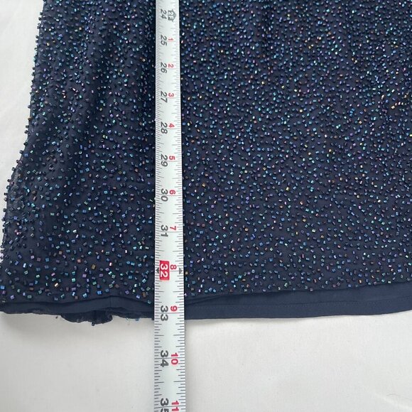 Y2K Bieff Basix Silk V-Neck Beaded Sleeveless Cocktail Dress Navy Blue Womens 12 - Picture 8 of 10